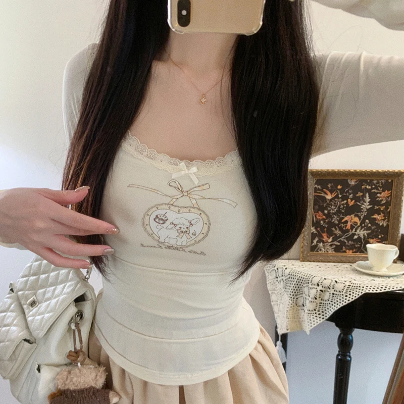 Pure Desire Lace Long Sleeve T-Shirt Women's Autumn Design Versatile Print Halter Top