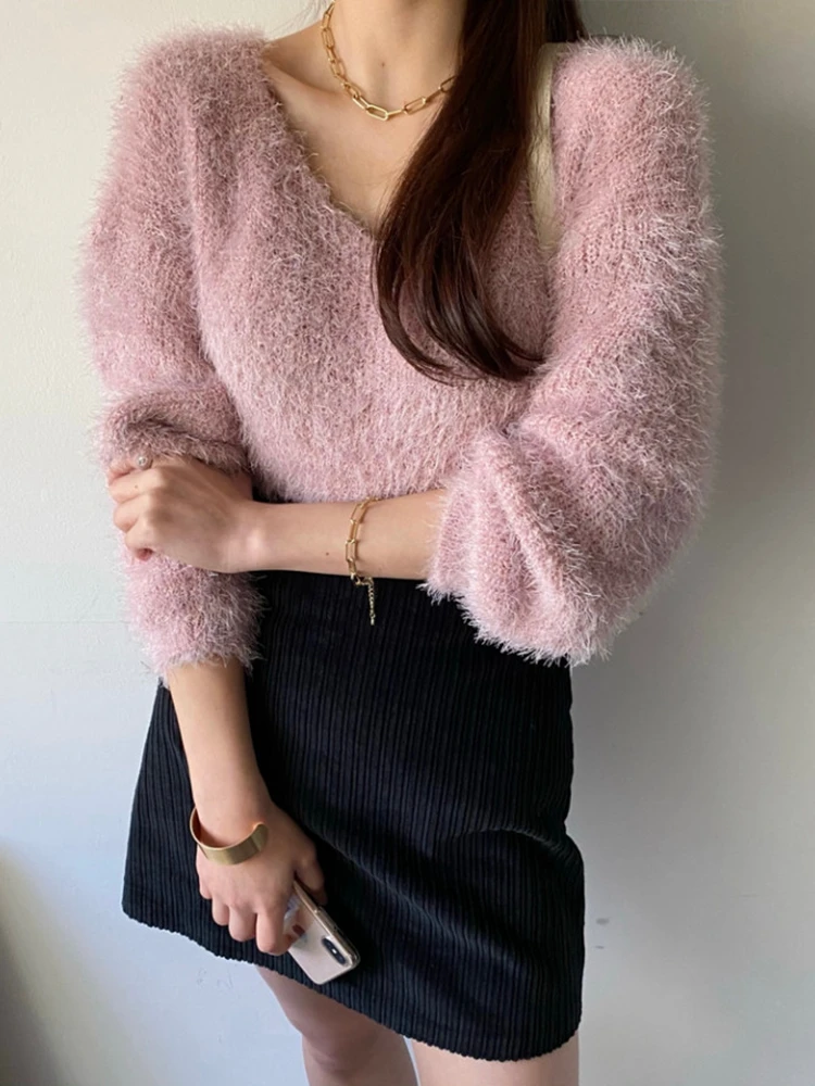 White Mohair Sexy V-neck Sweater Autumn Winter Sweet Fashion Long Sleeve Casual Solid Color Pullover pull femme Pink Gray Blue