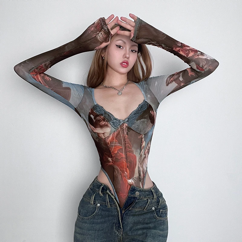 

Female Y2K Ins Greece Myth Print Bodysuit Romper Onesie Women Fishbone Slim Playsuit Jumpsuit Mesh Square Neck Hotsweet Tops