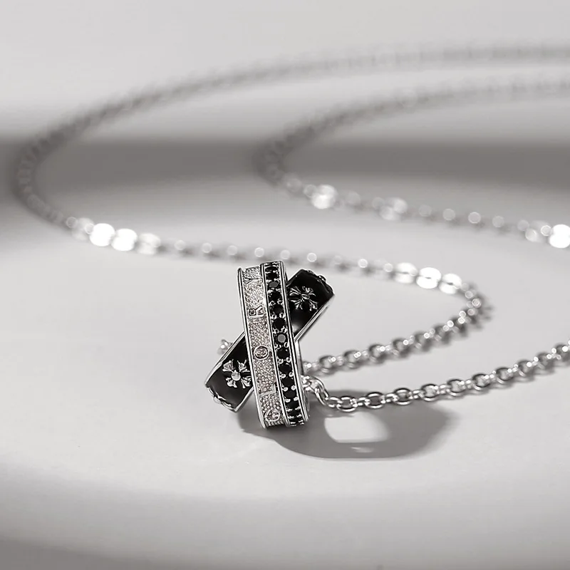 

GXGlint 925 Sterling Silver Vintage Hip-hop Style Male Knight Pendant Double Ring Design Necklace for Men Silver Necklace
