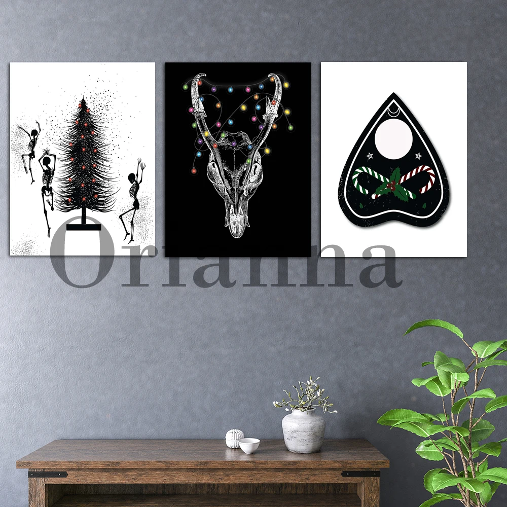 Festive Tauren Skull Dancing Skeletons Gothic Spooky Christmas Witchy Wall Art Prints Posters Halloween Party Decor Painting