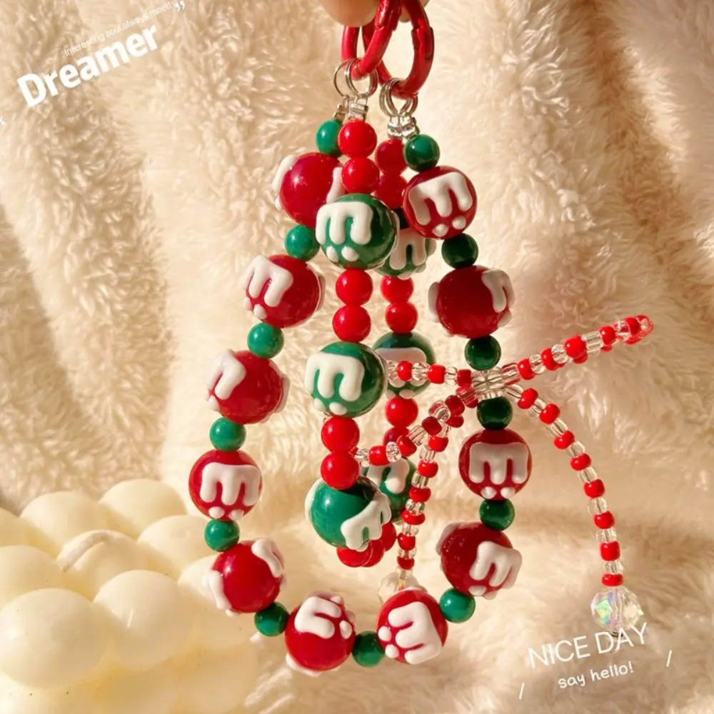 Lovely Christmas Mobile Phone Strap Beaded Colorful Bag Pendant Keychain Hand-painted Double Chain Phone Charm Rope