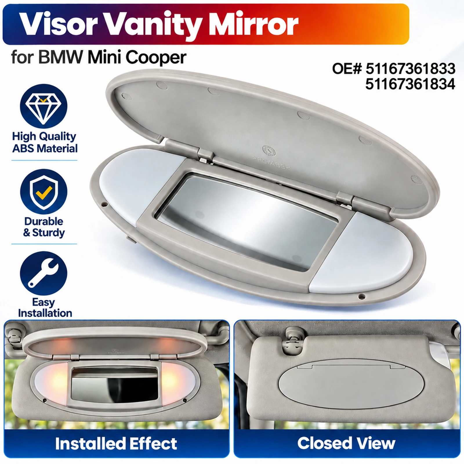 Car Sun Visor Mini Makeup Mirror Cap For BMW Mini Cooper R55 R56 R57 R58 R59 R60 R61 Replacement Gray OE#51167361833 51167361834