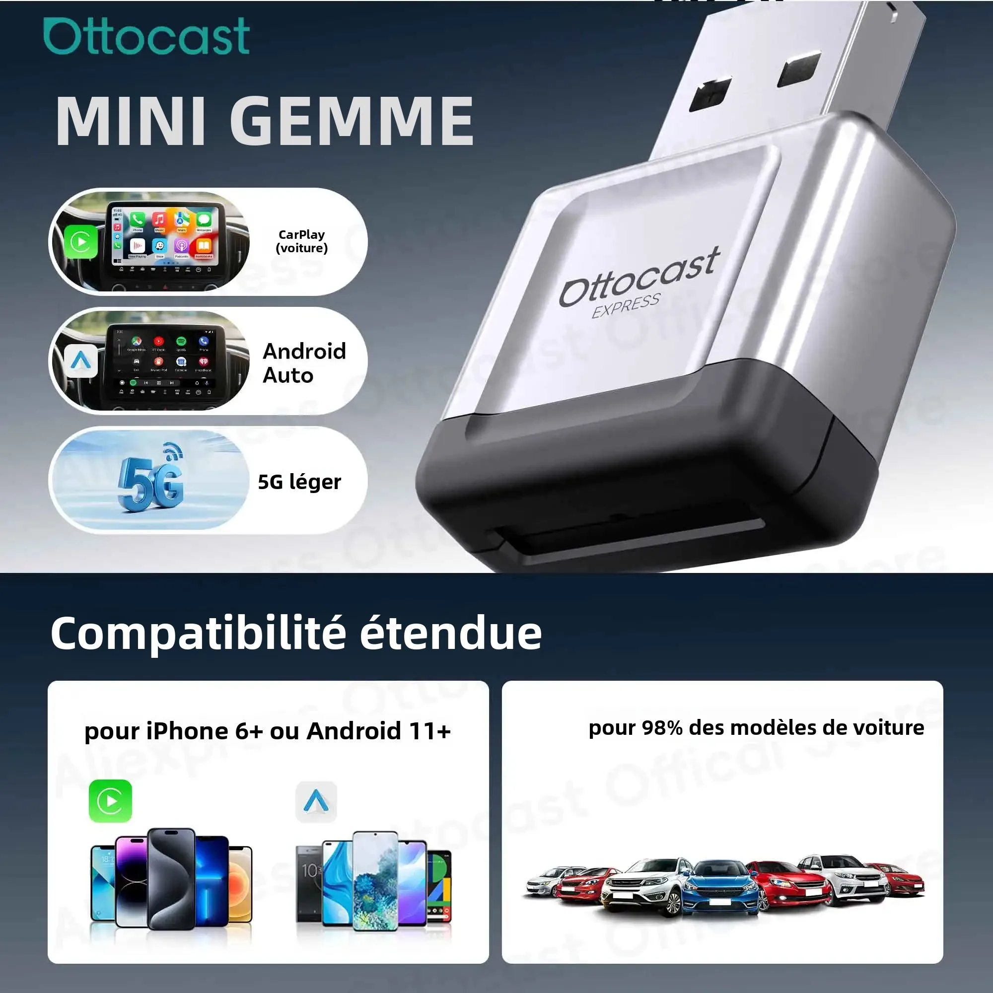 Adaptateur CarPlay Android Auto filaire vers sans fil Ottocast Express Mini Gem Cube 3.0, dongle USB, accessoires de voiture pour iPhone Android