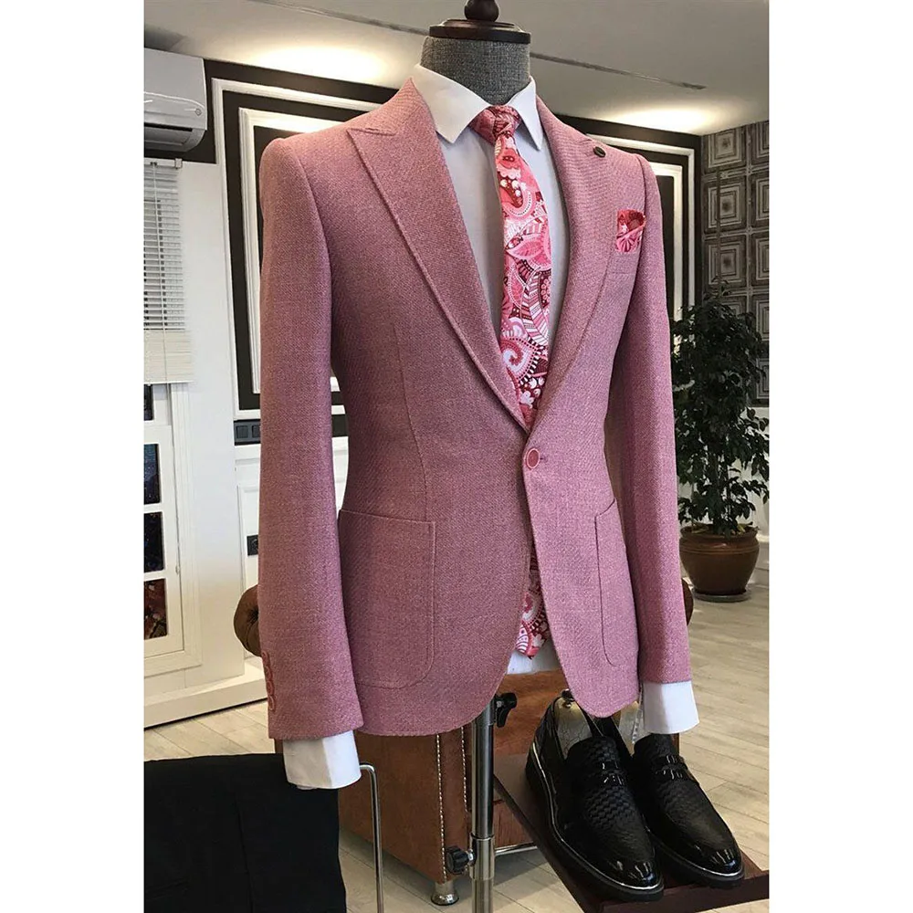 

Pink Men Suits High Quality Banquet Celebrity Peak Lapel 2 Pieces Jacket Pant Single Breasted Formal Occasion Male Clothing