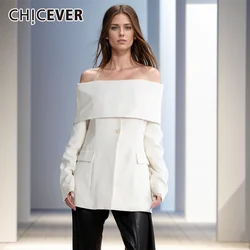 CHICEVER Blazer Casual con bottoni singoli impiombati per le donne Slash Neck manica lunga Patchwork Pocket Off spalla Blazer solido femminile