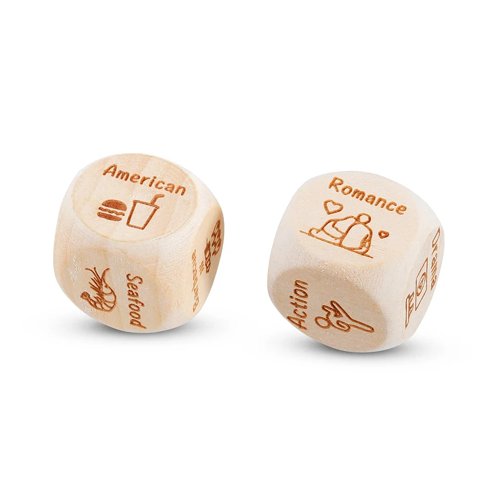 2 pcs Funny Wooden Dice Game Decide Movie and Food Family Couple Food Decision Dice Game What to Eat What to See with Friends