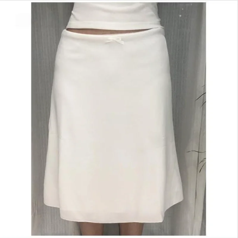 Elegant White Bowknot Midi A-Line Skirt Versatile Style Autumn 2025 Fashionable Casual Polyester Fiber Ladies Skirt