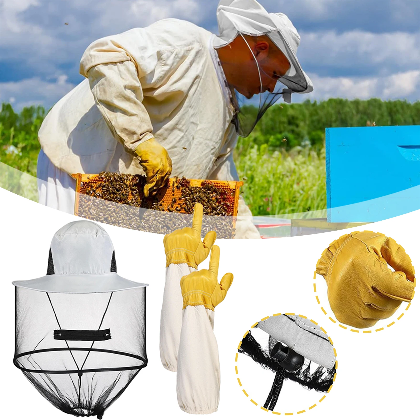 Beekeeping Hats Gloves Thick Goatskin Leather Bees Gloves with Ventilated Sleeves Bee-Keeper Fencing Veil Mosquitoes Hats