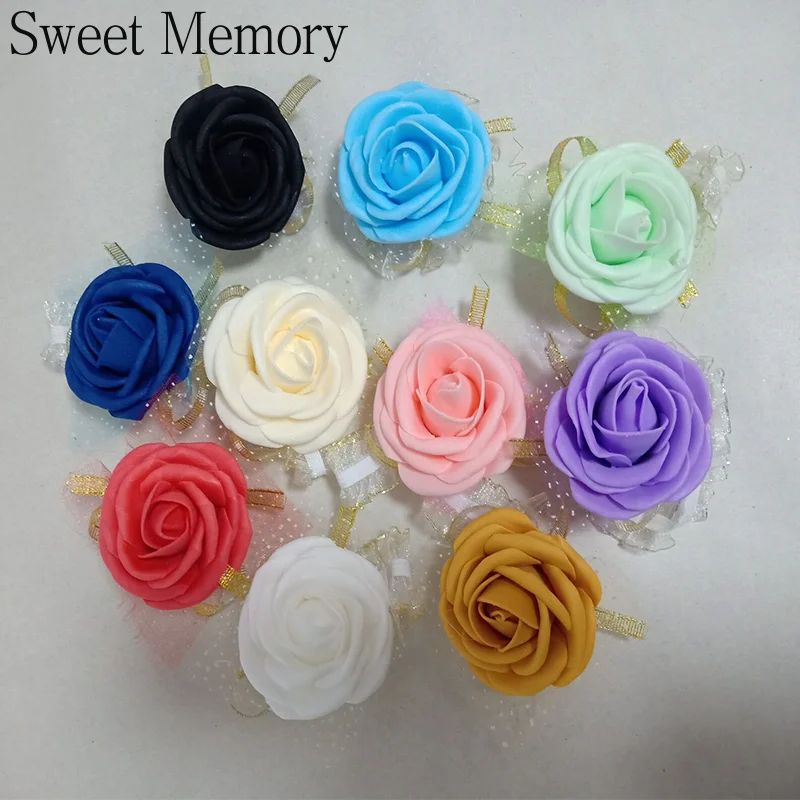 10pcs/Set Wedding Party Flowers Pink Gold Red Black White Champgane Gray Green Blue Purple Wrist Corsage Light Small Flower