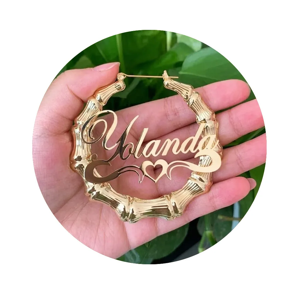 

Custom Name Hoop Earrings Personalized For Women Stainless Steel Bamboo Jewelry Big Statement Bamboo Earrings Pendientes