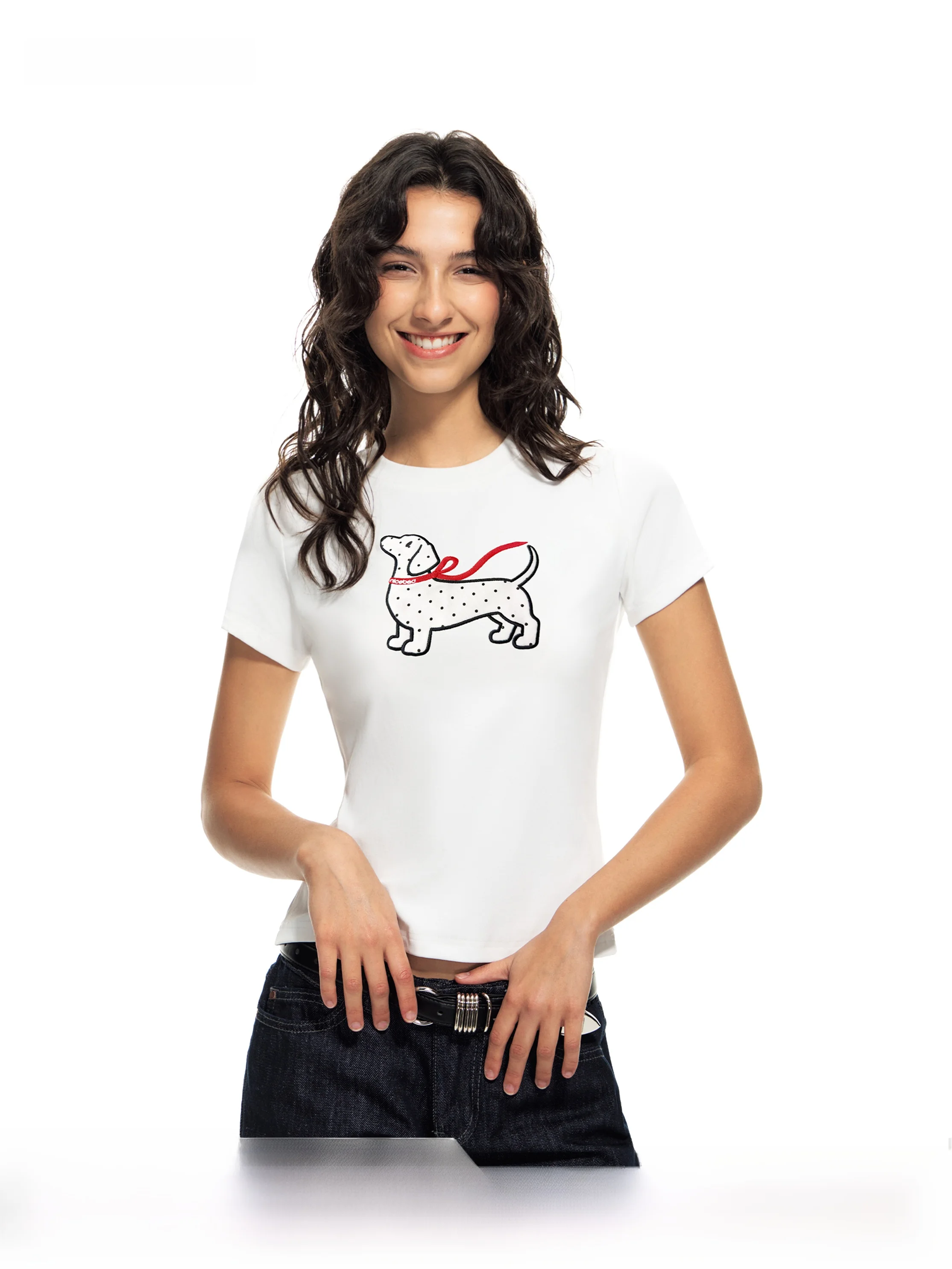 

Nicebad Polka Dot Doggie Slim Fit Short Sleeve Embroidered Comfortable Overhead Summer T-Shirt Casual round Neck Cotton Blend