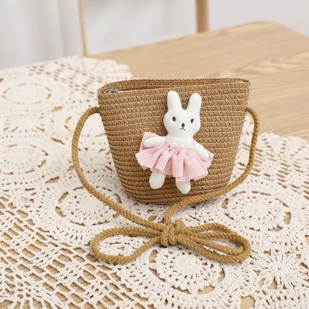 Cartoon Bunny Mini Straw Bag Summer Beach Zipper Handmade Woven Kid Messenger Bags Coin Purse Photo Props Crossbody Handbag