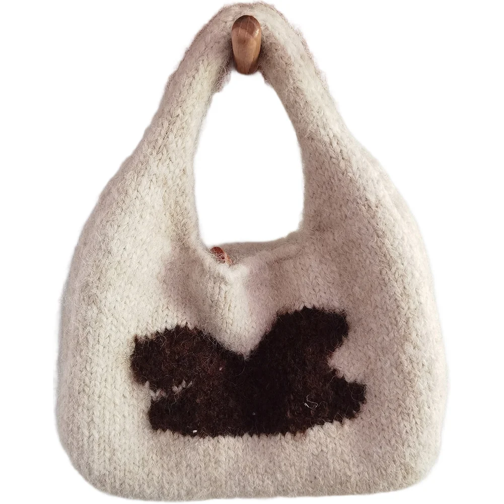Soft Yarn Purse Knitted Handbag Cozy Wool Material Adorable Pattern Print Dual Strap Design Spacious Interior Pocket