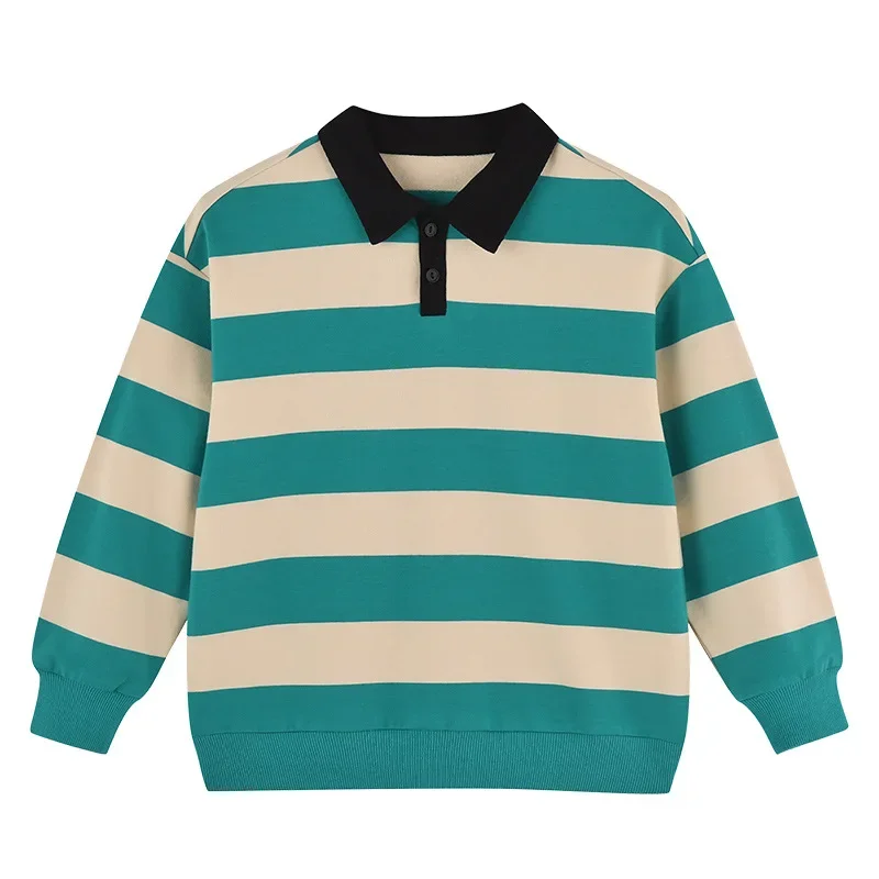 Fall Cotton Fat Kids Fashion Polo Collar Sweater Boy Loose Drop Shoulder Top Children Korean College Style Stripe Lapel Pullover