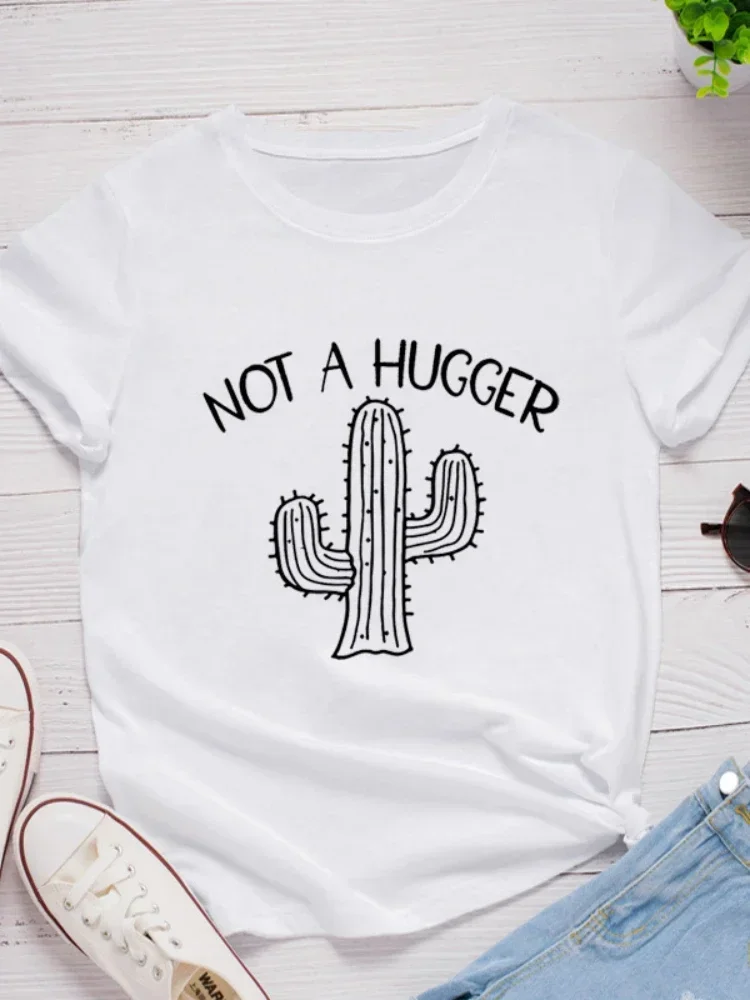 Not A Hugger Cactus Print Women T Shirt Short Sleeve O Neck Loose Women Tshirt Ladies Tee Shirt Tops Clothes Camisetas Mujer