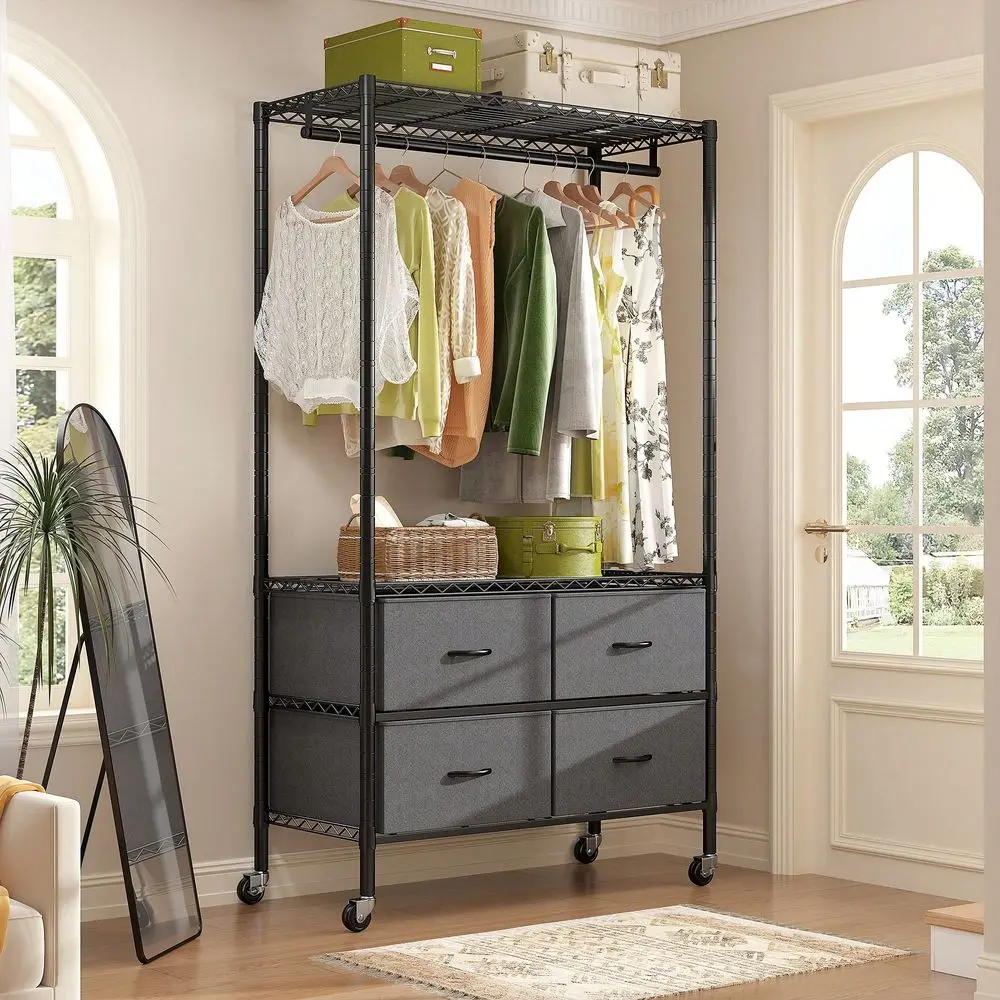 

Rack With Wheels, Heavy Duty Clothing Rack, Rolling Clothes Rack With 4 Drawers, Black Garment Rack,Room Decor,Home Decor