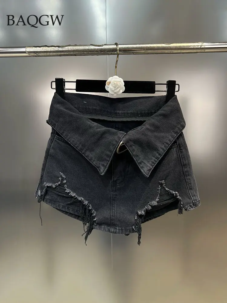 Personality Tassel Hole Design Denim Shorts Skirts Female High Waist Loose Wide Leg Short Jeans with Belt Fashion Summer