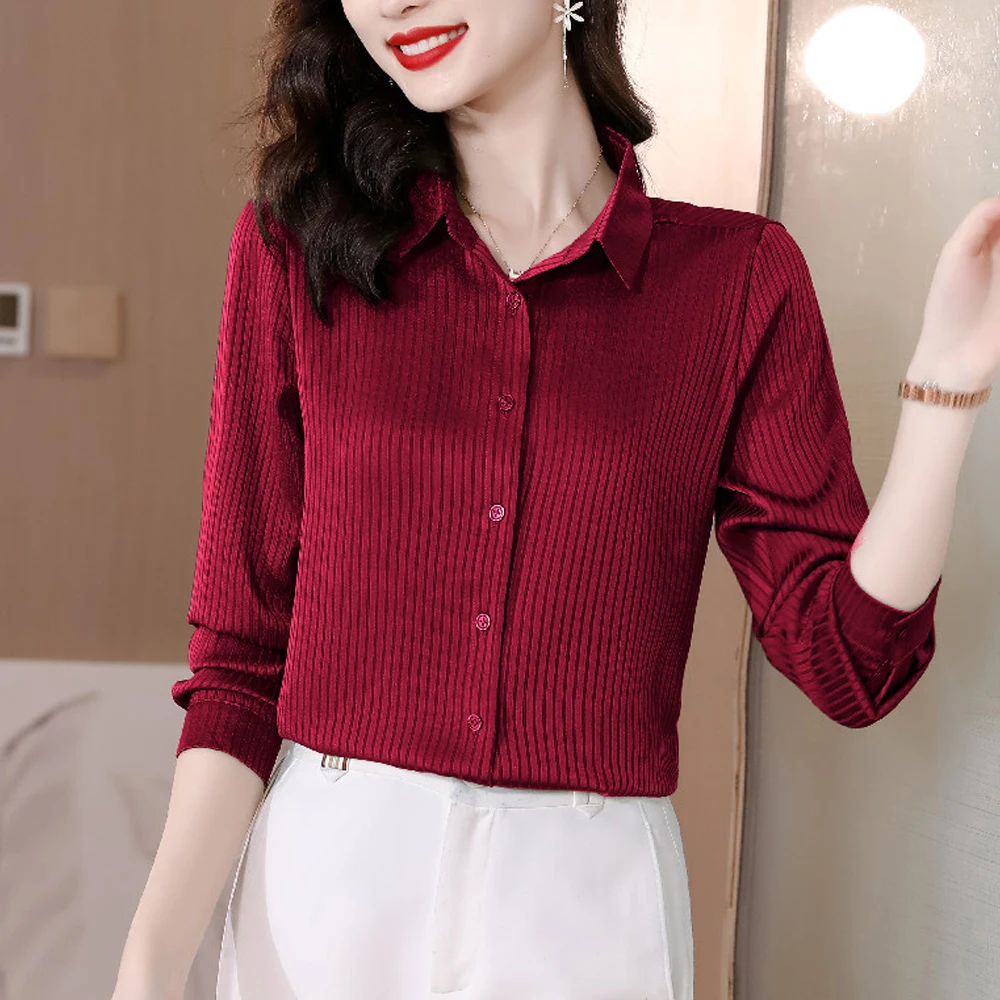 New Style Striped Silk Shirts Women Elegant Long Sleeve Lapel Fashion Women Blouses 2024 Office Lady Formal Tops Casual Clothing