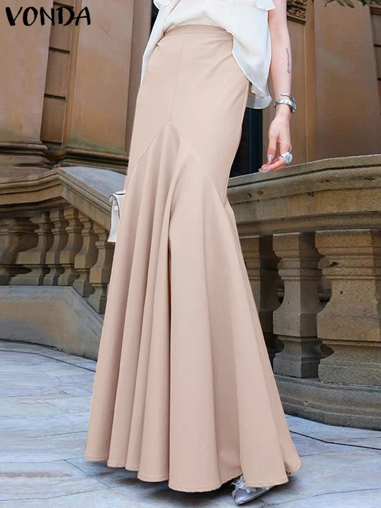 VONDA Elegant Office Lady Fishtail Skirt Women Summer High Waist Maxi Skirts 2025 Fashion Pleated Solid Color Long Skirt Street