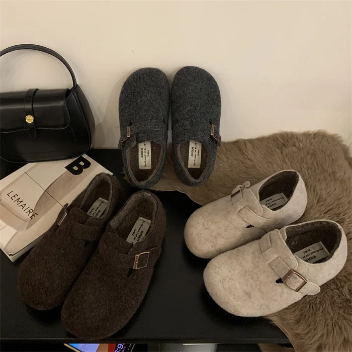 Retro Woman Shoes Increas Height Round Toe Casual Female Sneakers Loafers With Fur Flats Clogs Platform All-Match Shallow Mouth