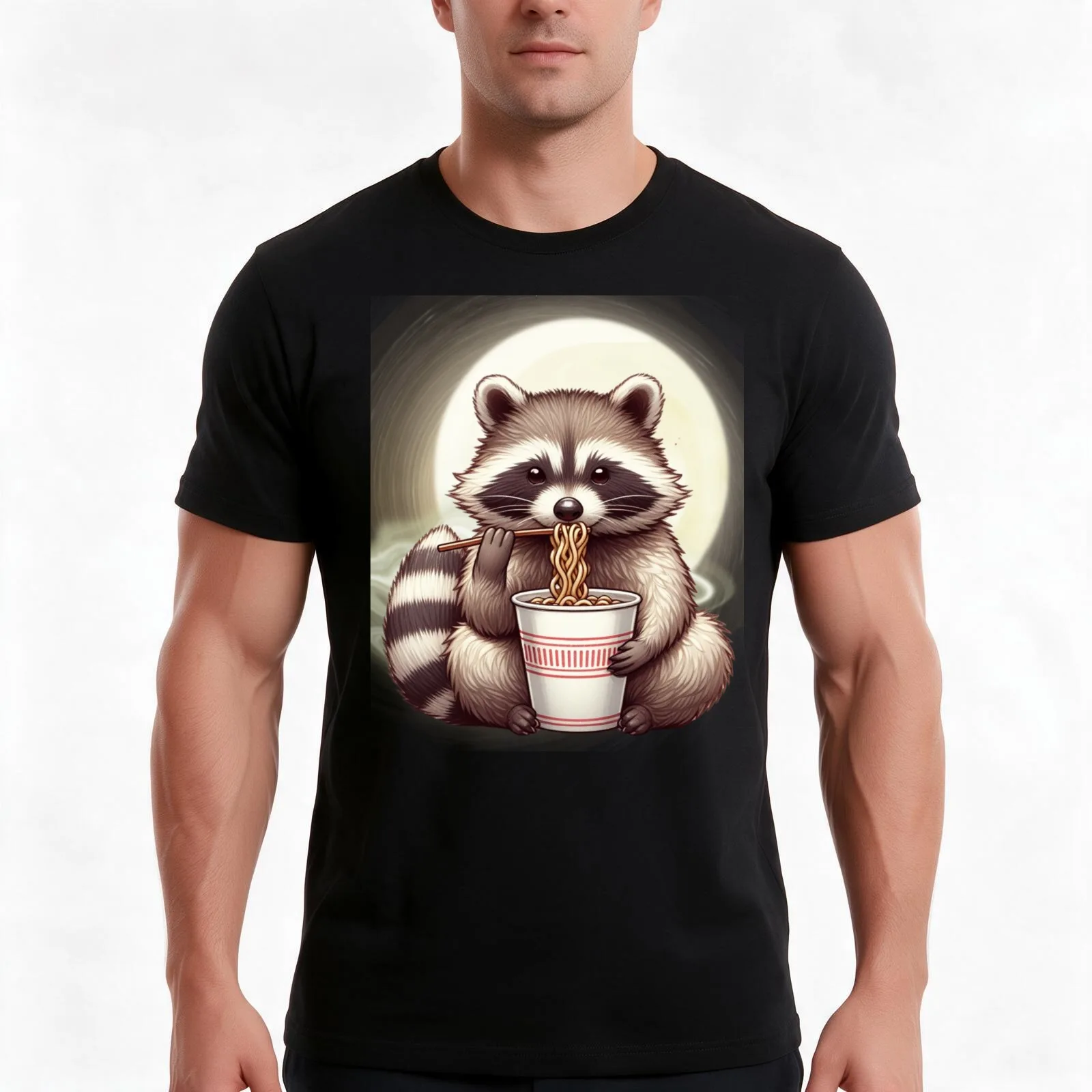 Raccoon Eating Instant Noodle Cup Funny Gifts For Women Men T-Shirt, Summer Casual Cotton Tee, Oversized Streetwear Tops