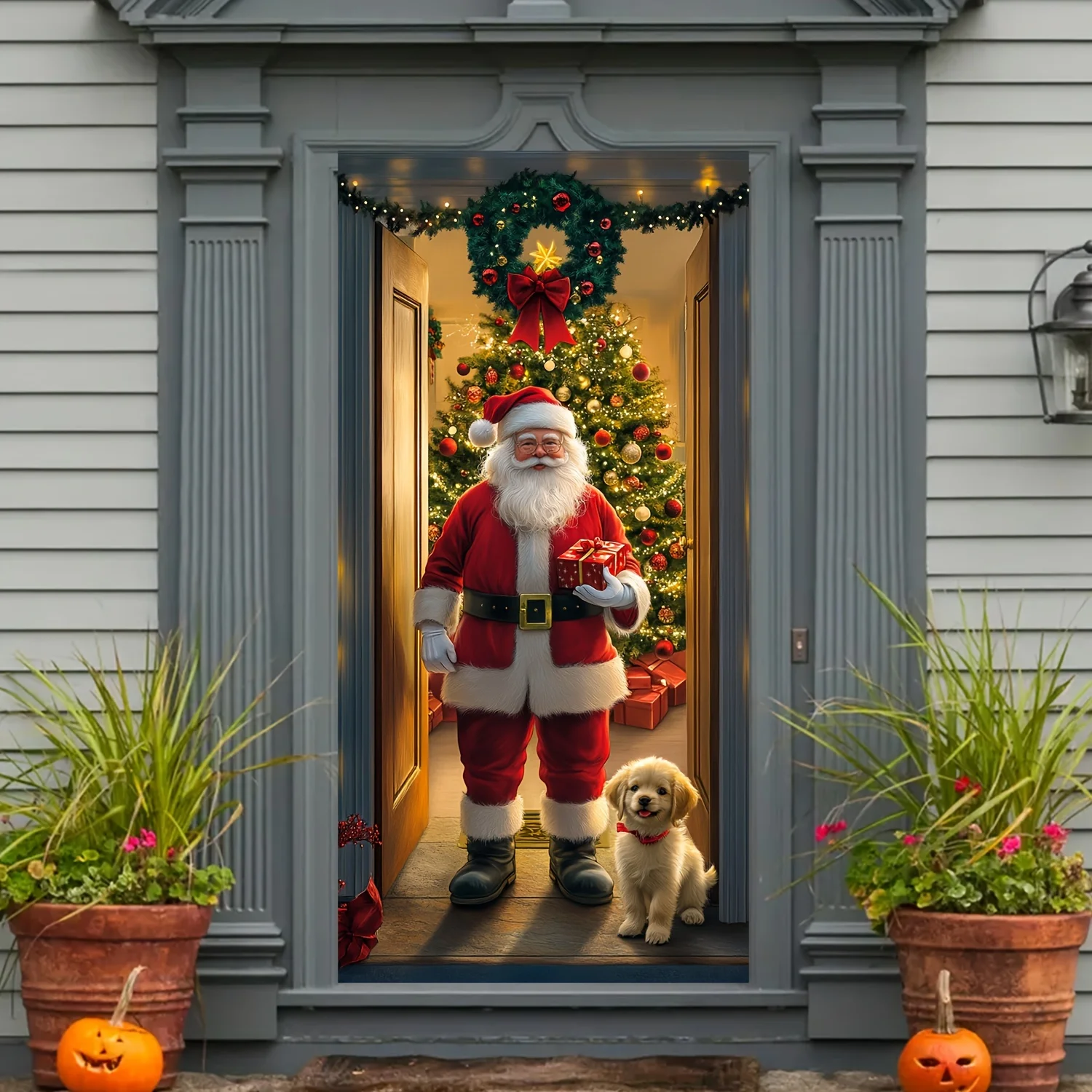 Santa Claus & Christmas Tree Door Cover - 35.4x70.8