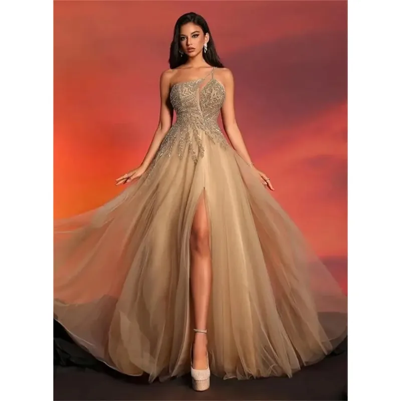 

Customized Beaded Tulle Prom Dresses 2025 with Pockets Spaghetti Strap Formal Evening Dresses with Slit