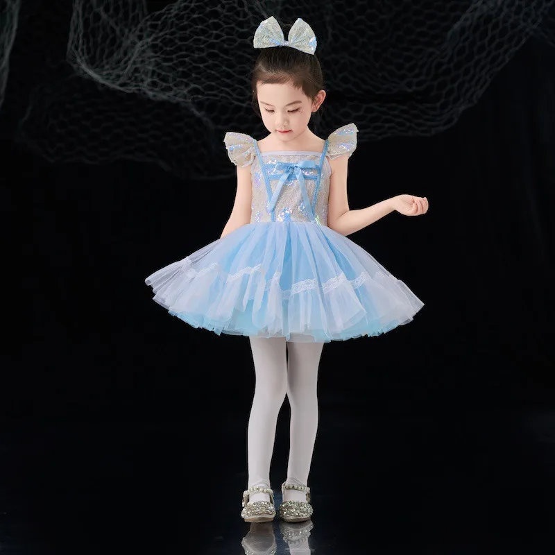 Детское танцевальное платье, балетное платье-пачка, пышная тюлевая юбка с блестками для девочек, вечерние наряды принцессы для выступлений в детском саду