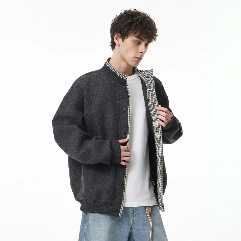 A Fashionable Versatile Hoodie, Retro-style Color-blocking Checkered Cardigan Textured Woolen Coat for Men's Autumn Collection.