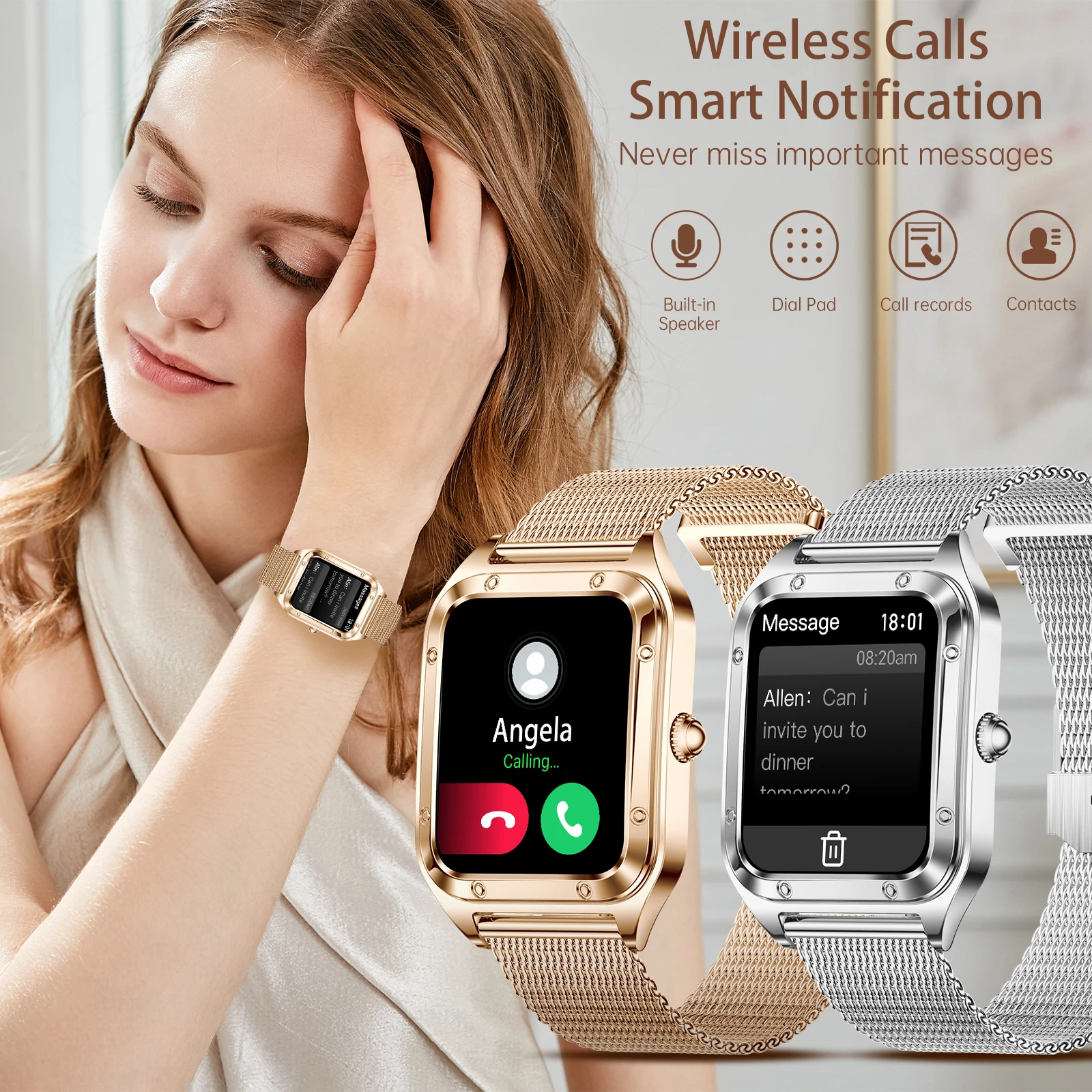 Dames smartwatch (antwoord/oproep maken) voor iPhone/Android, fitnesstracker/100+sportmodi/200+horloge gezichten/1,59" scherm, ideaal cadeau