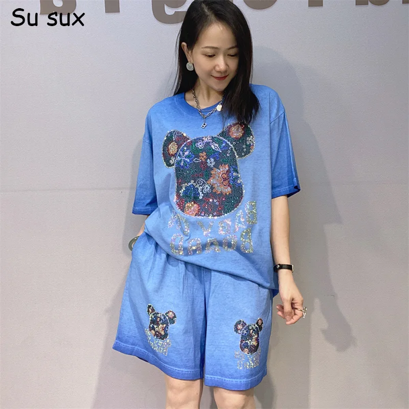 

Sequins Cartoon Bear Short Sleeve T Shirt & Short Pant 2 Piece Sets Woman Outfits Japanese Korean Fashion Casual Oversized Sets