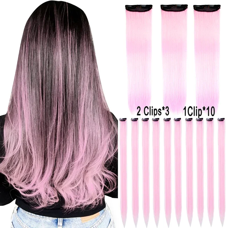 

Clip in One Piece Hair Extension 13pcs/pack Rainbow Color Pink Blue Purple Mixed Color Clip in Synthetic Hair Accessories