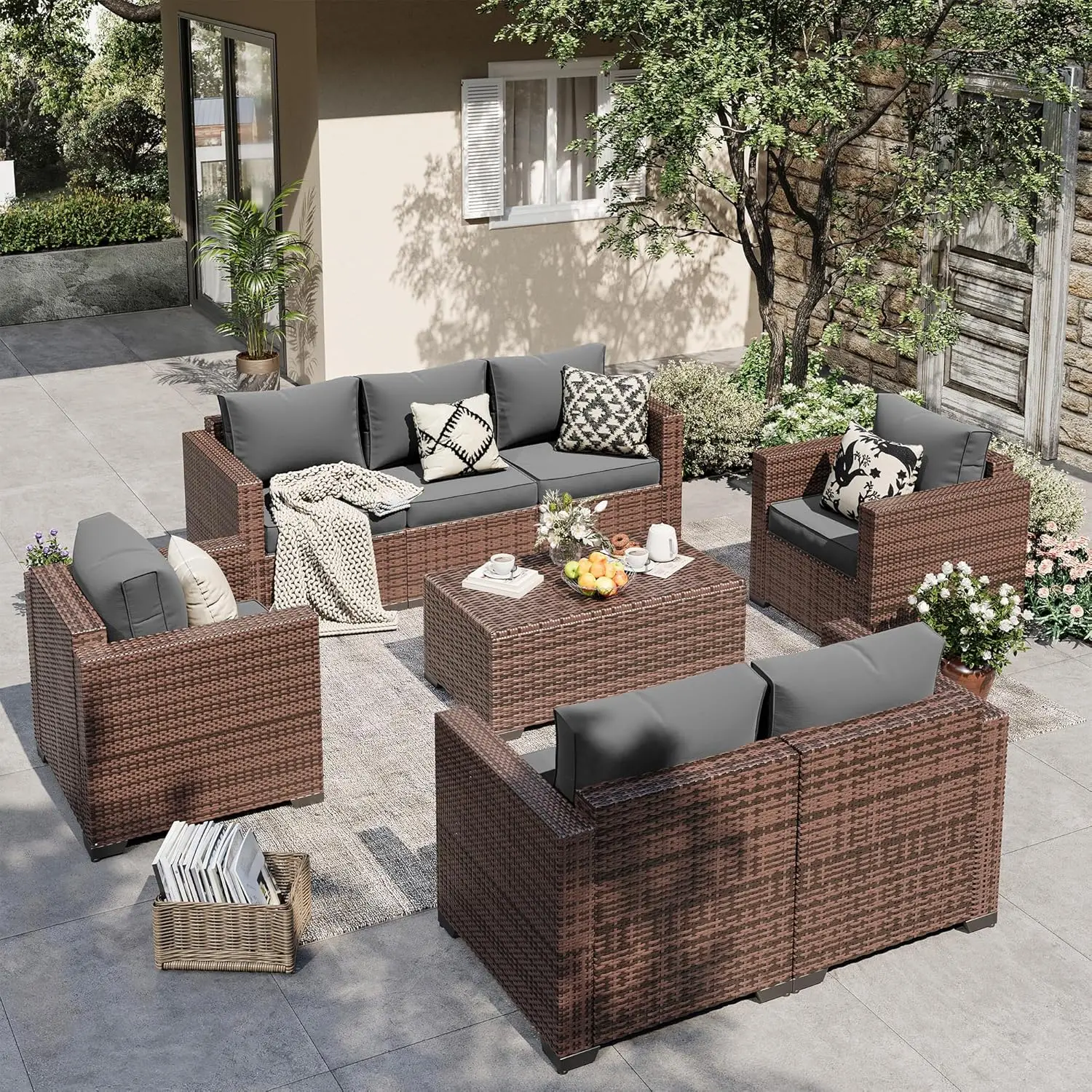 Outdoor Patio Furniture Set,Patio Conversation Sets with Storage Table,Wide Armrest Outside Sectional Sofa with Waterproof Cover