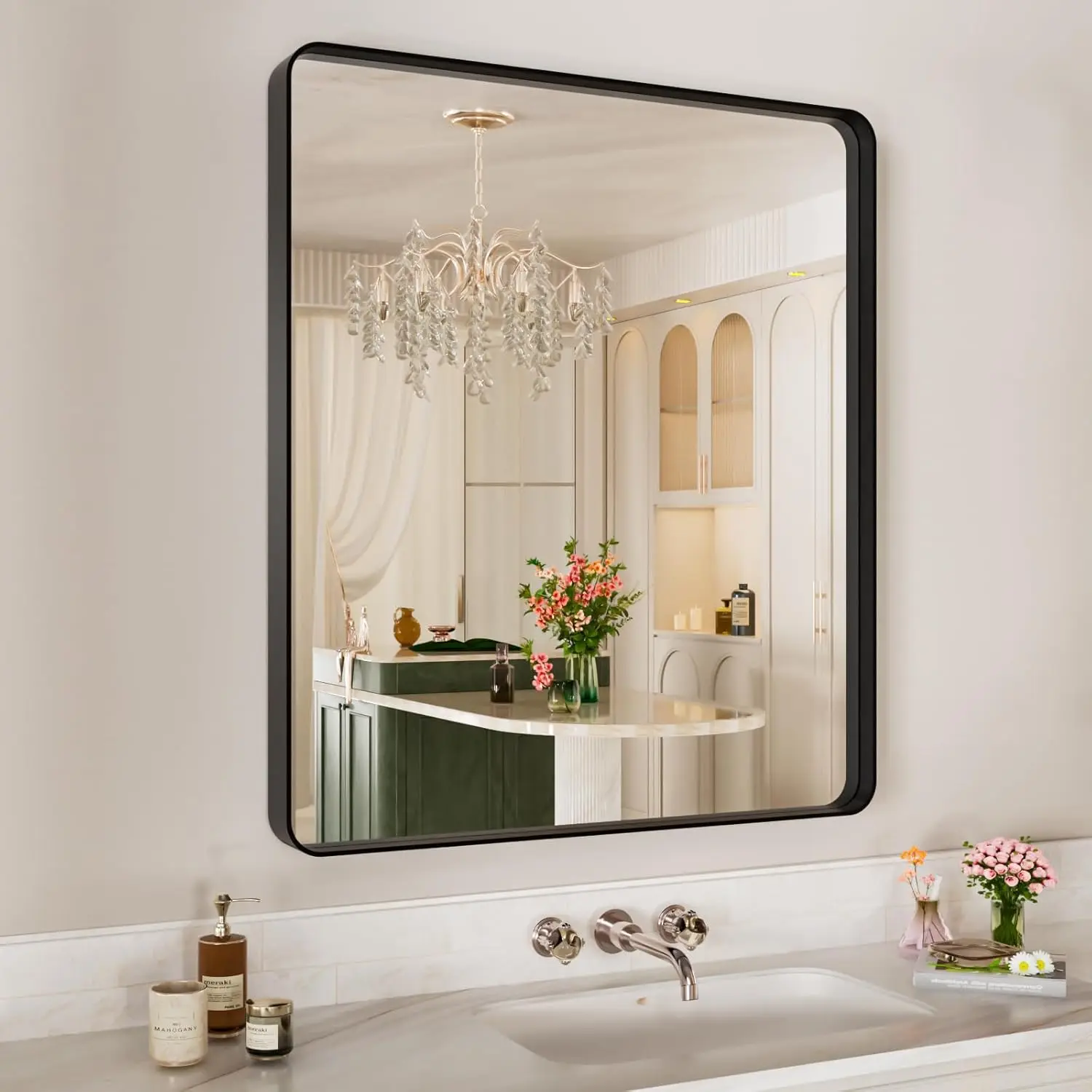 

Black Metal Framed Bathroom Mirror for Wall,28X32 Inch Rounded Rectangle Mirror,Matte Black Bathroom Vanity Mirror Farmhouse