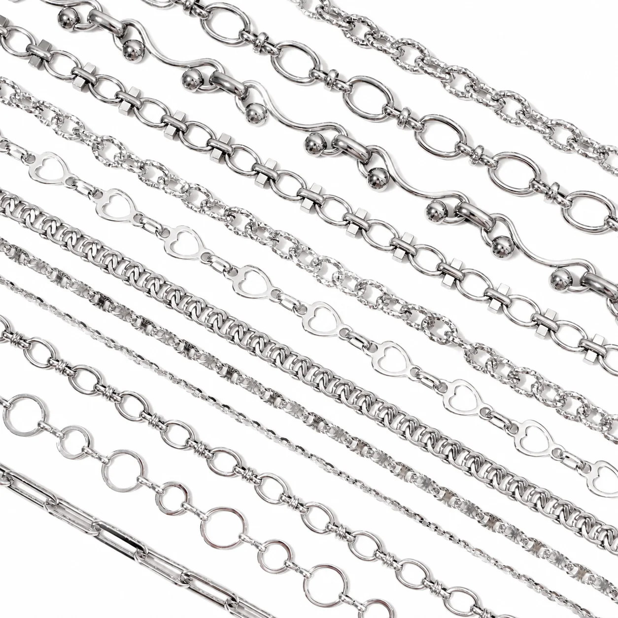 50cm/bag Rhodium Color Stainless Steel Beads Chain Multi Style Shape Metal Chain For DIY Making Necklace Bracelet Accessories