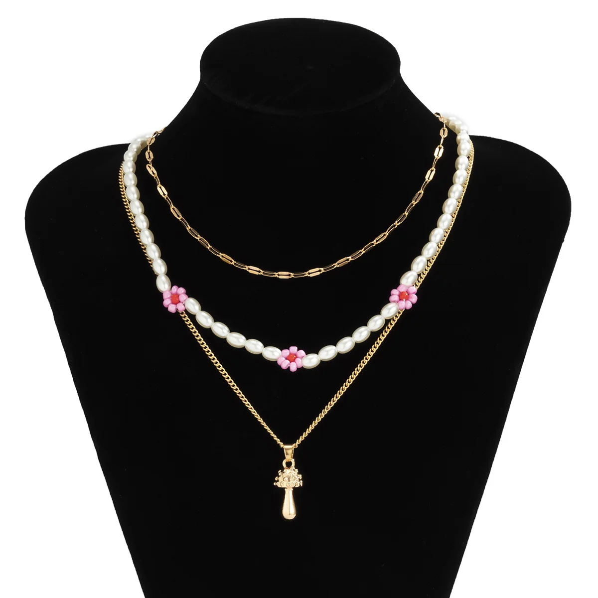 

Faux Pearl Multi Layer Necklace with Handmade Mushroom Flower Pendant Rustic Country Style Stylish Jewelry for Women Gold Plated
