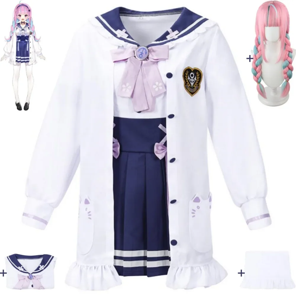 Hololive Minato Aqua disfraz de Cosplay, peluca de Anime Loli Lolita, uniforme escolar de marinero JK, traje de juego de rol de Halloween