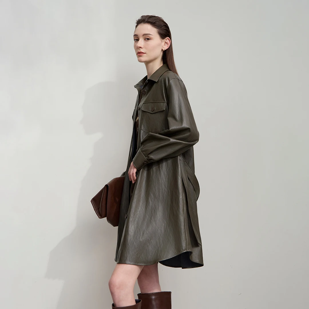 Amii レディースレザージャケット 2025年秋新作 レトロモダン レディース服 ベルト付き ルーズ ロングスリーブ レザージャケット レディース 12553042