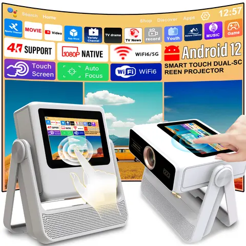Smart 7" Touch Projector 1080P 4K Android 12 Auto Focus 180° Rotation HDMI USB BT WiFi Ceiling View Gift Box