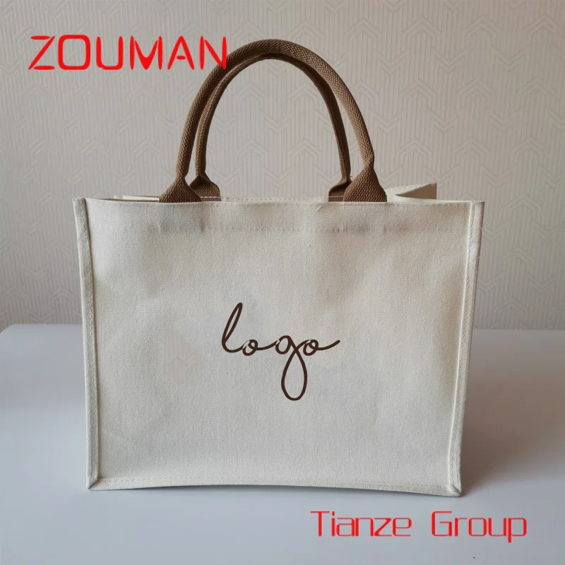 Custom , Eco friendly custom logo square shape laminated waterproof canvas cotton shopping tote bag with colored handle