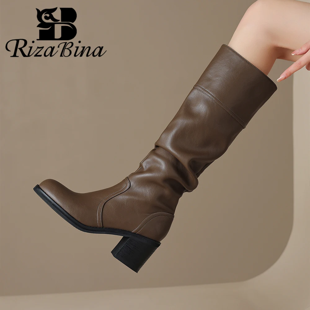 

RIZABINA Women's Knee High Boots Real Leather Chunky High Heels Zipper Pleated Long Boots Ladies Fashion Outdoor Mid Calf Boots