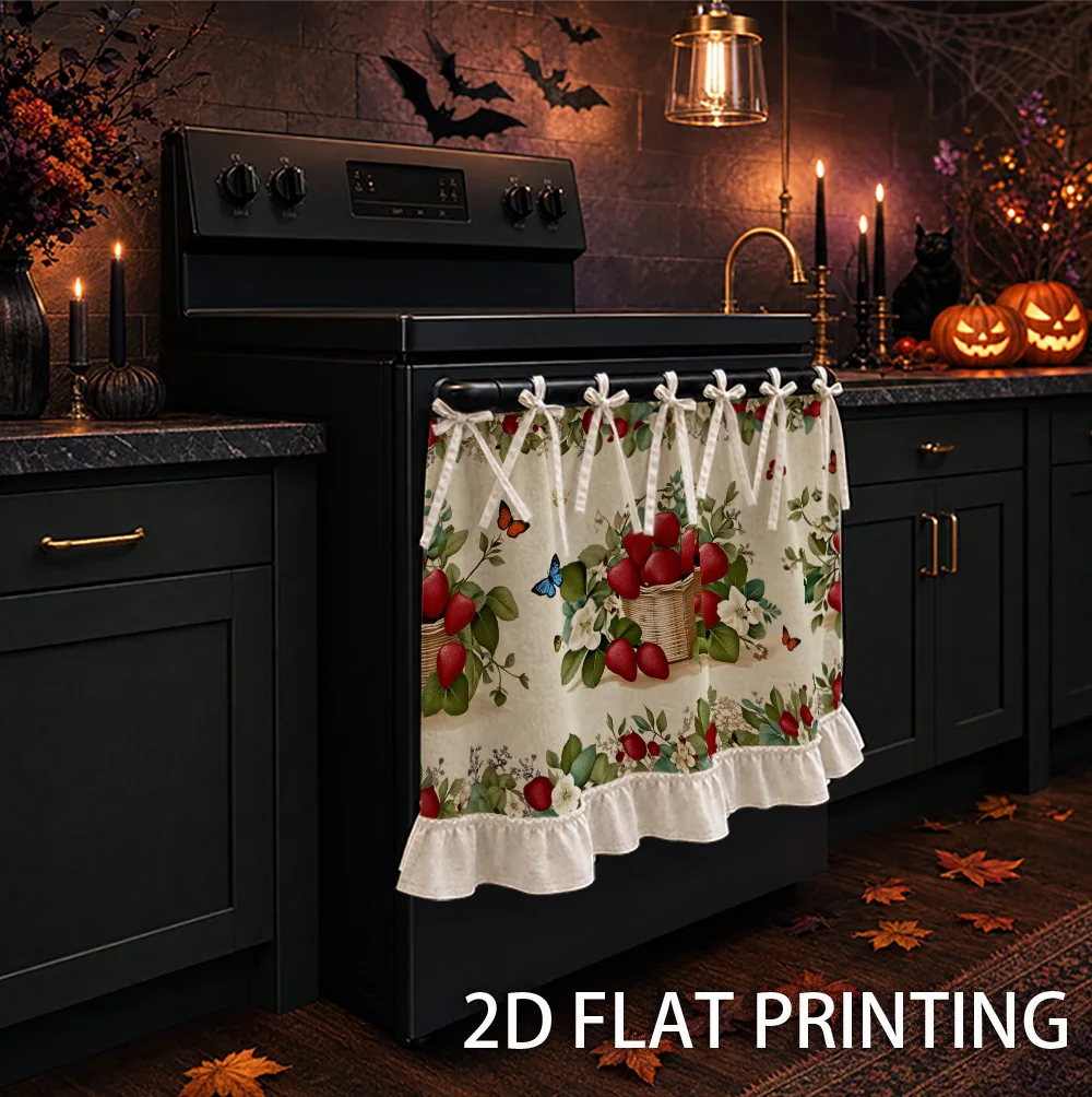 1PC kitchen stove curtain, cabinet curtain, apron. Designed with 2D graphics featuring strawberry baskets, flowers and butterfli