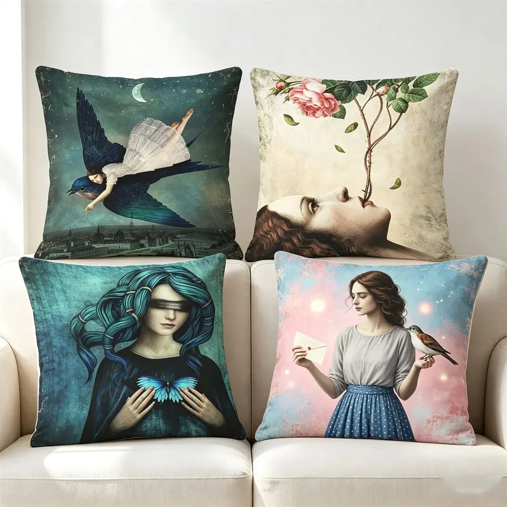Vintage Surreal Art Throw Pillow Cover Christian Schloe Dark Fantasy Painting Girl Moon Floral Cushion Case For Sofa Home Decor