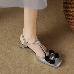 Small Size 32 33 New Square Toe Girls Flowers T-tied Mary Jane Shoes Gold Silver Black Women Ankle Strap Mid Heels Party Sandals