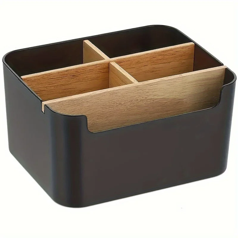 1 Piece 5-Compartment Bamboo Desktop Organizer, Office Organizer with Pen Slots, Bathroom Cosmetics Storage Box, Living Room Miscellaneous Storage Box, Bedroom Earrings, Hair Ties, and Jewelry Storage Box
