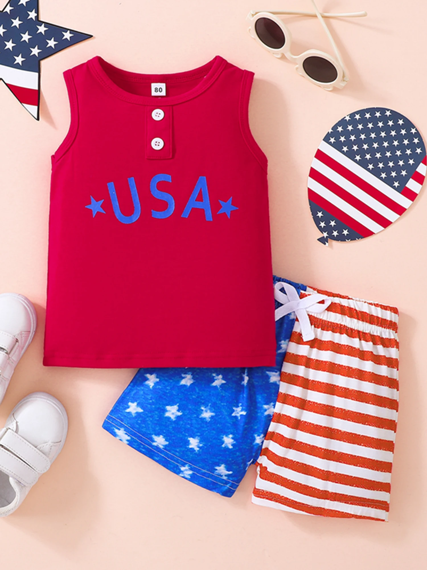 

Children s Boys Outfit Trendy Urban Style Sleeveless Vest Top with Round Neck Striped Shorts for Casual Street Parties