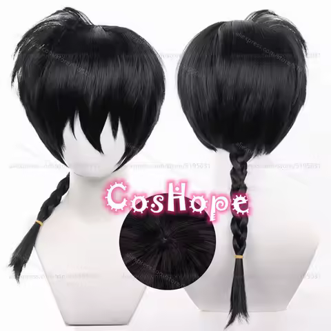 Ranma1⁄2 Ranma Cosplay Wig 50cm Medium Long Pre Braided Hair Black Wig Cosplay Anime Cosplay Heat Resistant Synthetic Wigs