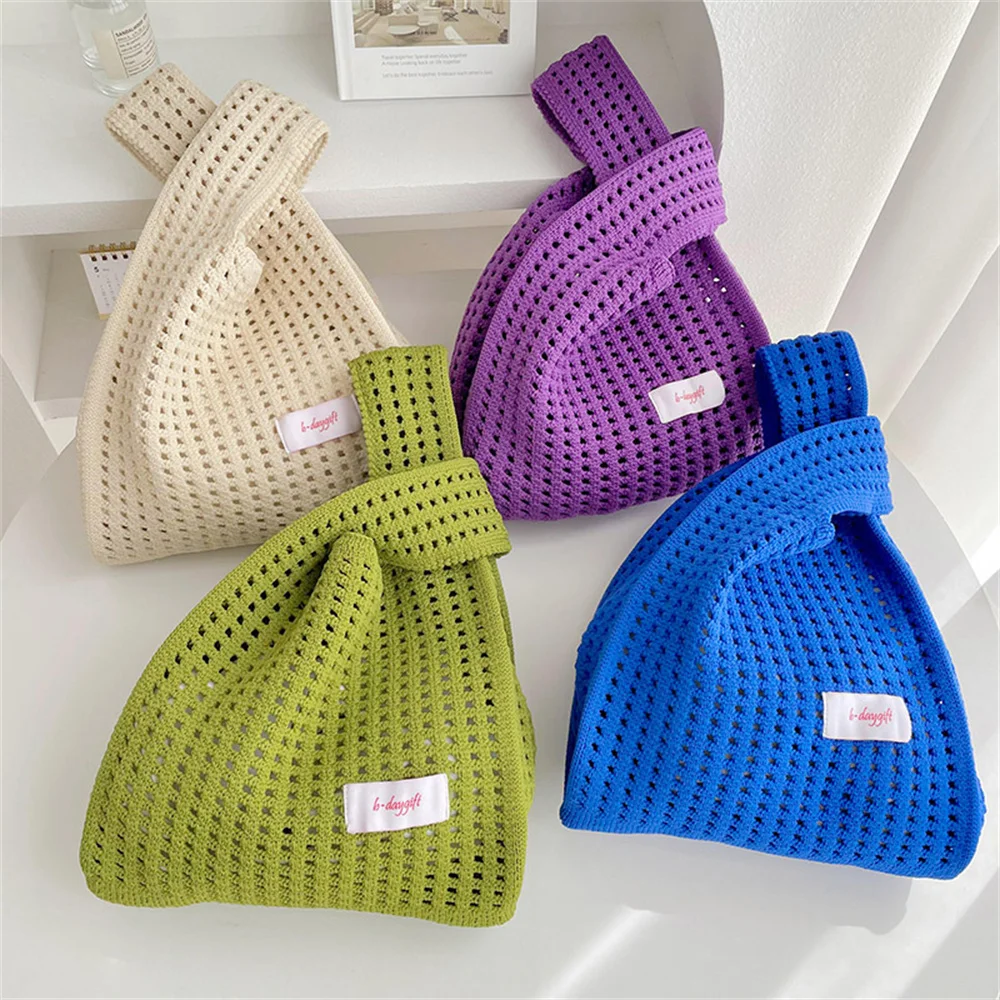 

Handmade Hollow Wool Knitted Handbag Women Knot Wrist Bag Casual Tote Bag Ladies Shoulder Bag Reusable Shopping Bag Female Purse