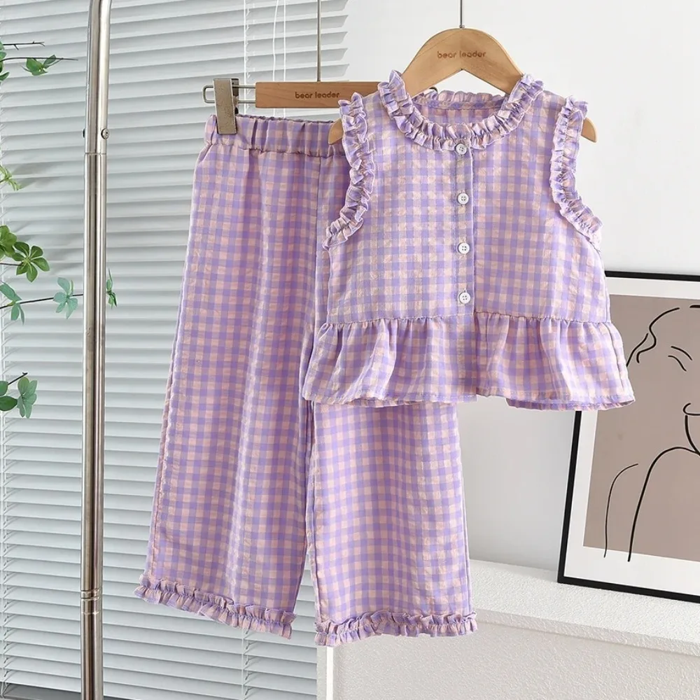 Korean Version Fashion Summer New Purple Elegance Girls Clothes Checkered Printed Sleeveless Single Breasted Top + Pants